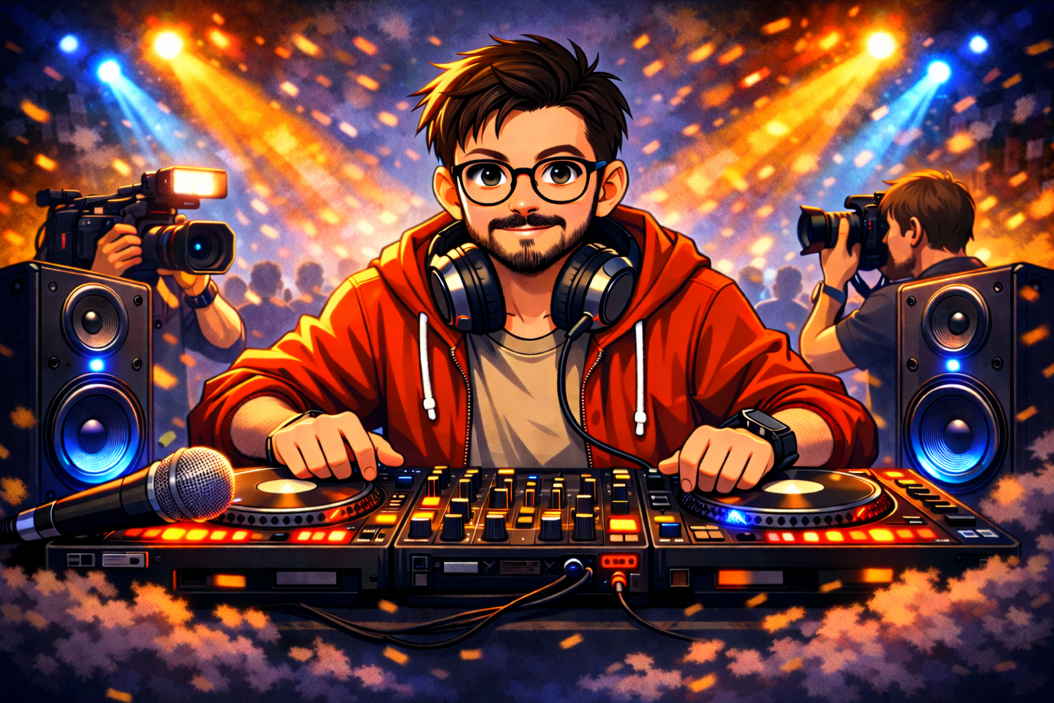 DJ derrière une régie avec éclairages et photographes lors d'un événement